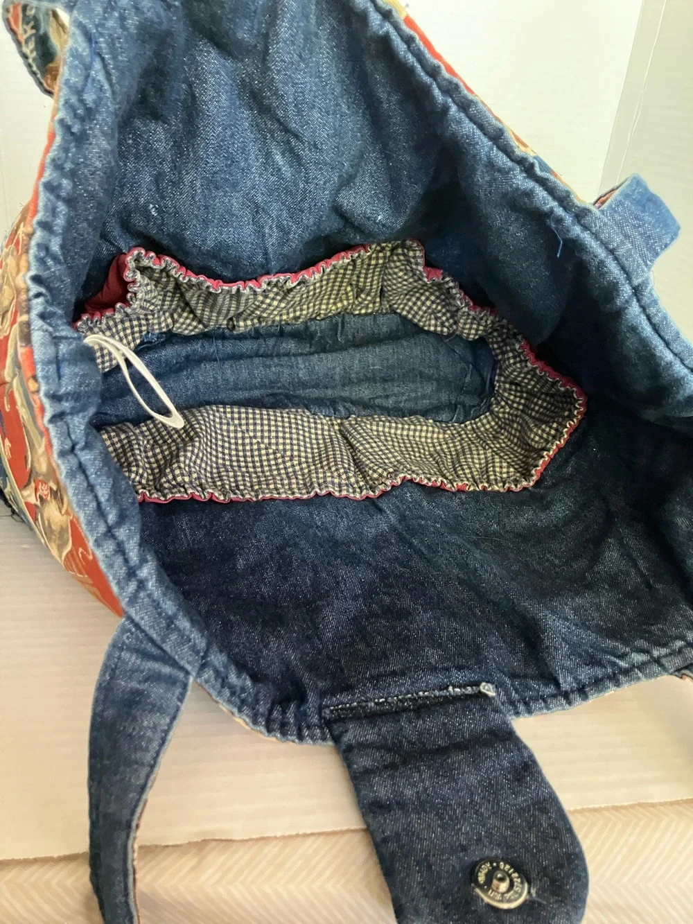 The Neat Vtg Western‎ Print Red Fabric Tote Bag with Denim Trim 17x13” Wyoming